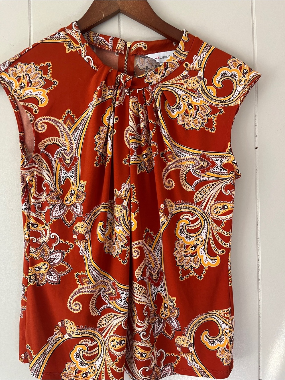 Liz Claiborne Rust and Yellow Paisley Cap Sleeve Blouse